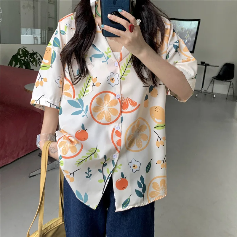 Young Girls Daily Blusas Women's Lemon Leaf Print Shirt Summer Turn-down Collar Casual Blouse Buttons Holiday Beach Clothes