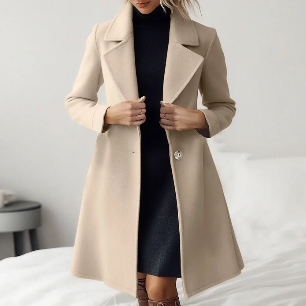 

Women's Single Breasted Long Coat French Plain Lapel Long Sleeve Loose Fit Casual Autumn Winter Overcoats