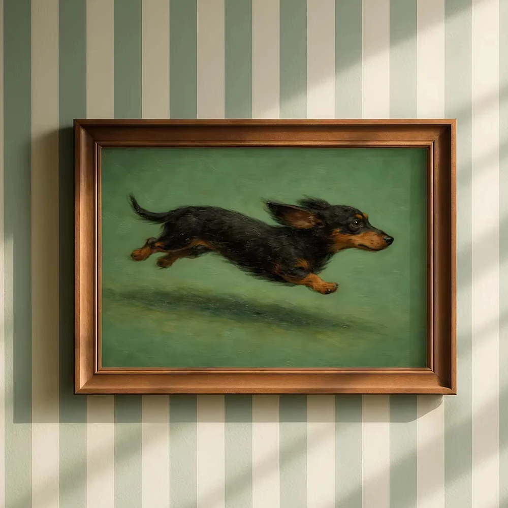 Classic Oil Painting Dachshund Wall Poster Print Decor Timeless Illustration of A Energetic Black-and-Tan Dachshund Mid-Leap