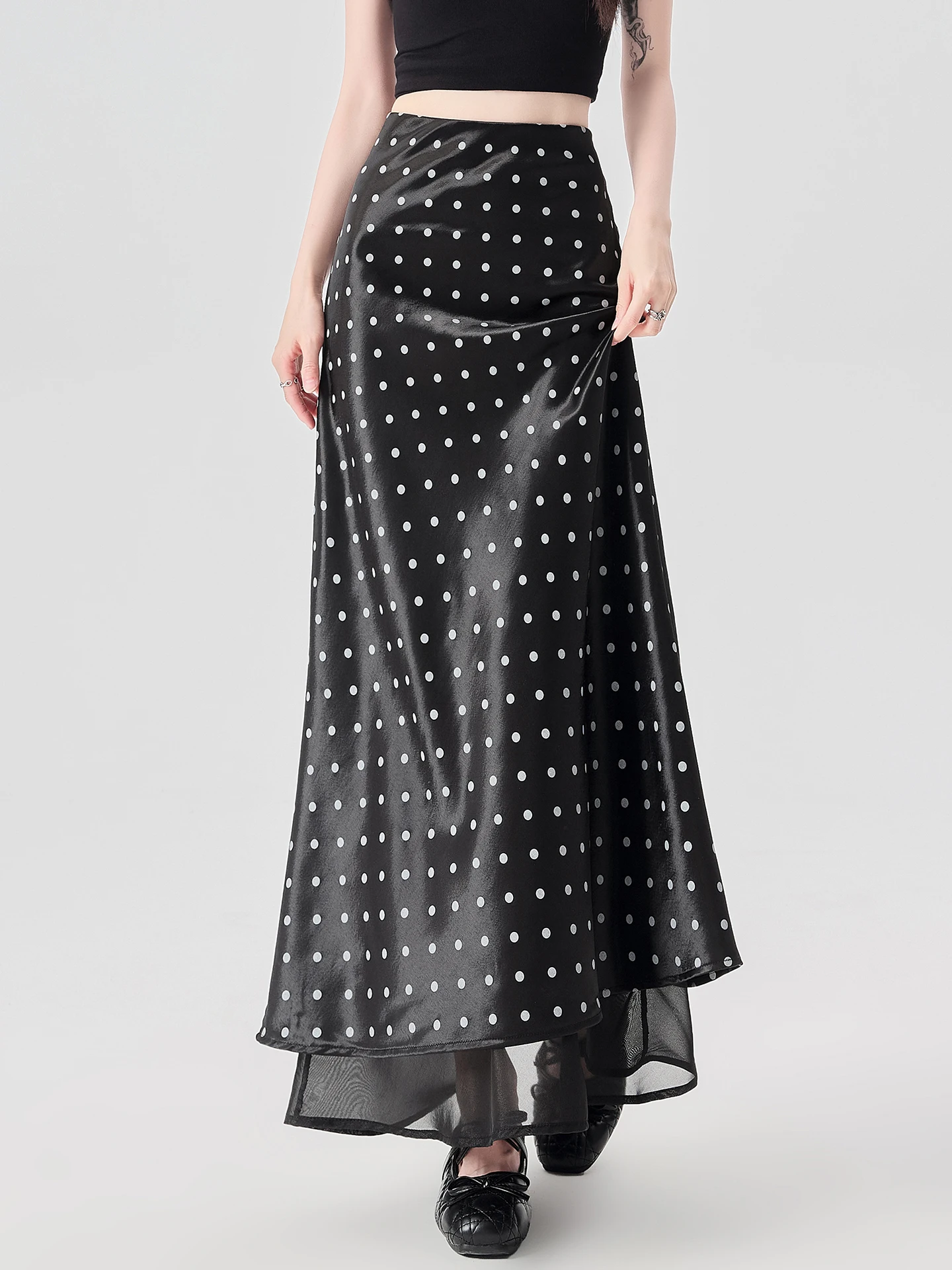 

Летняя шелковая атласная юбка А-силуэта в горошек с сетчатыми вставками, женская юбка с высокой талией, драпированная, из ацетатной ткани, фасон «рыбий хвост», элегантный офисный стиль