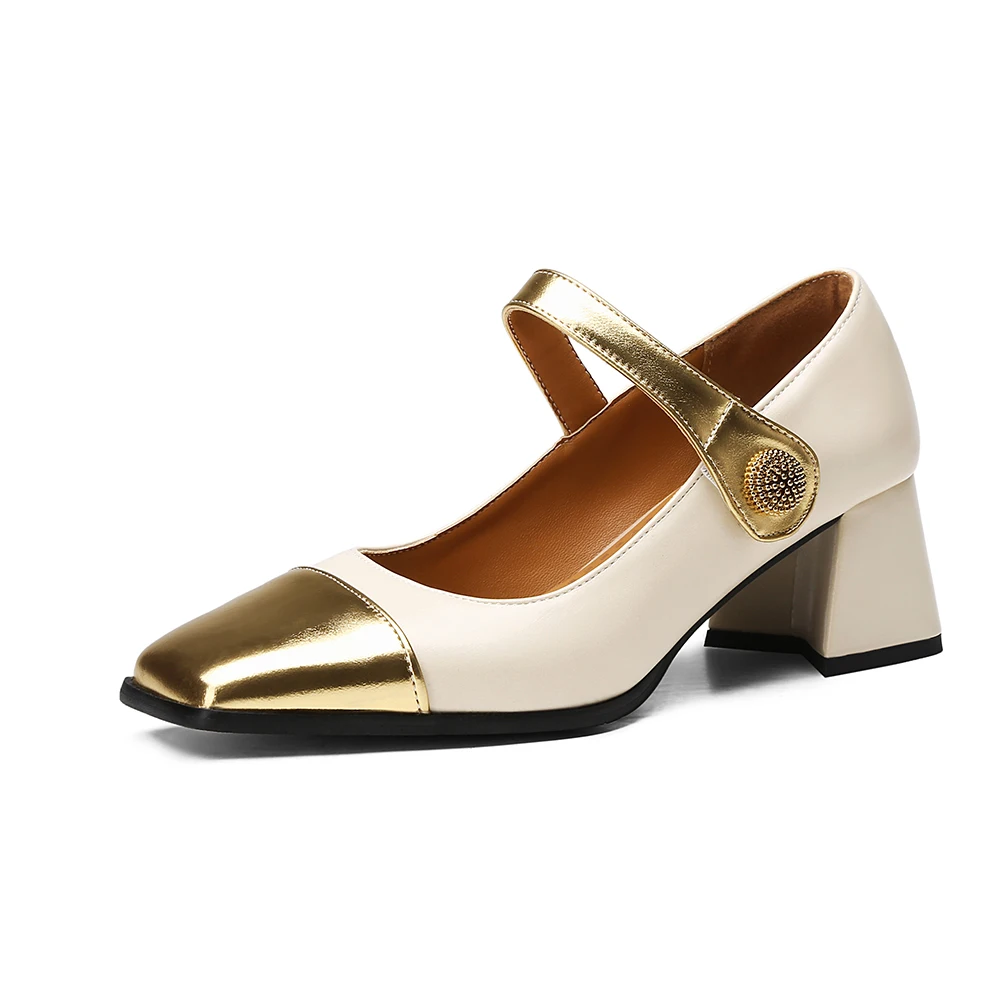 2026 Autumn Two Tone Women Pumps Square Toe High Chunky Heels Office Lady Dress Shoes Large Small Plus Size 12 32 44 48
