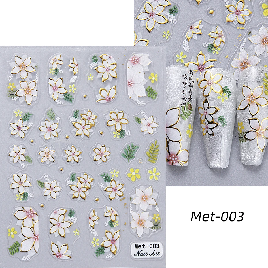 1-2 stuks Gouden Lijn Kersenbloesem 3D Nail Art Stickers Lente Perzik Bloemen Daisy Bloemen Gouden Bladeren Nail Decals Voor DIY manicure