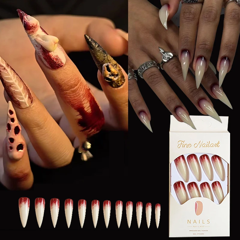 24pcs Nude Color False Nails For Halloween Blood Stained Jade Bone Long Pointed Press On Nails Acrylic Material Party Fake Nail