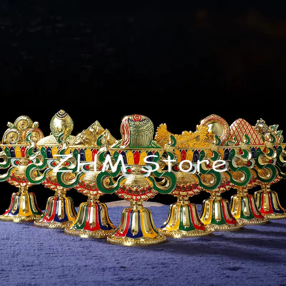 

Gold 8pcs/set Lotus Base Colored Plated Buddhist Suppliers Tibetan Tranic Eight Auspicious Symbol Putting Decorate Instruments