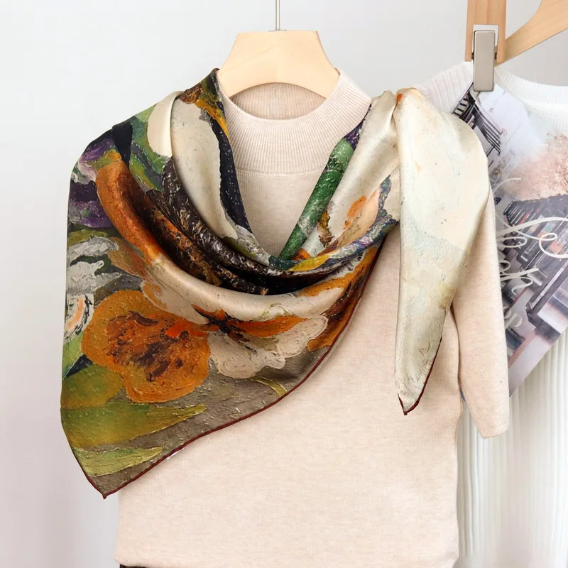 BirdTree 100%Real Silk Elegant Scarf, Women Temperament Oil Painting Scarves, 2024 Spring Mom Gift Office Lady Kerchief A41522QC