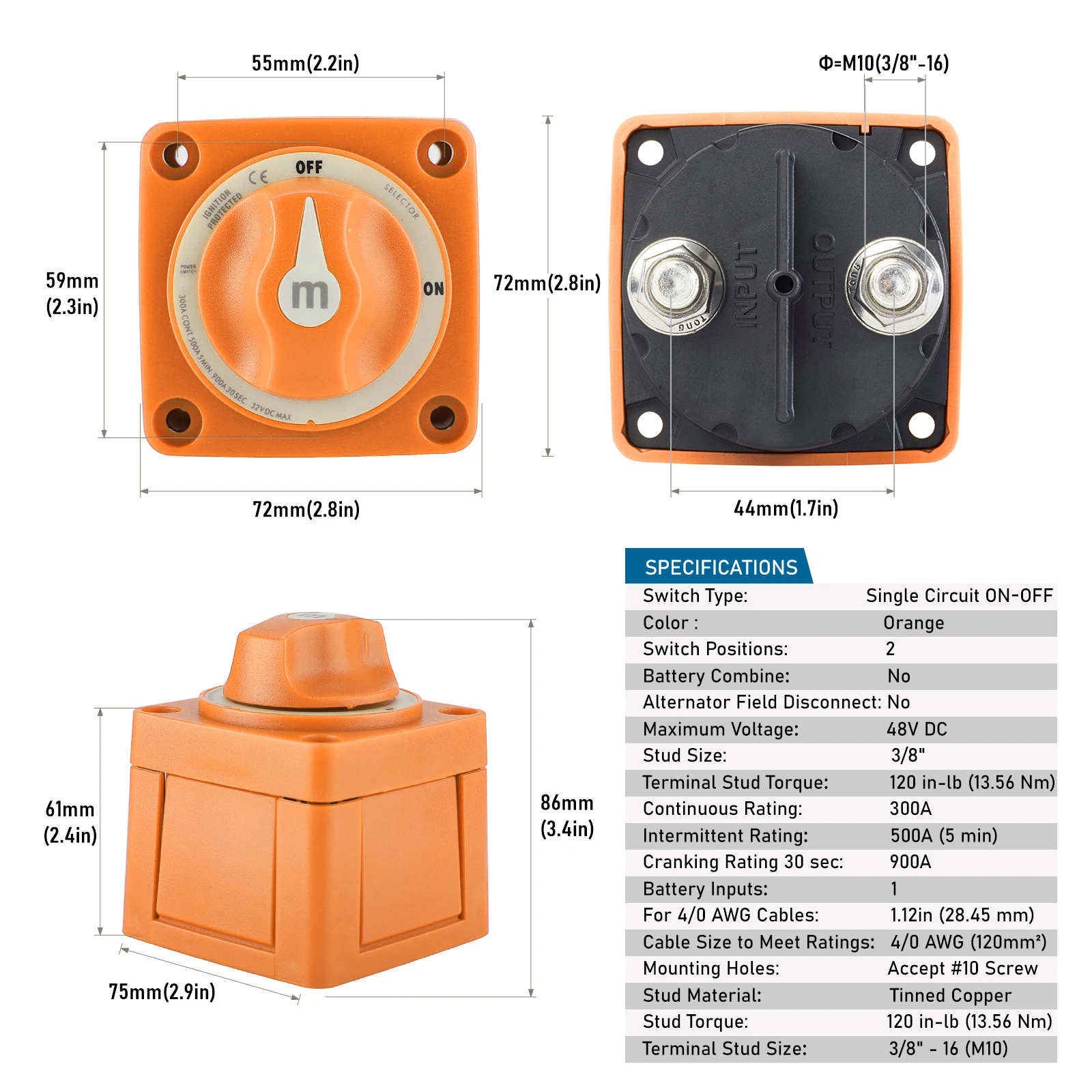 CNSPEED 6006 M-Series On/Off Battery Switch with Knob For Marine RV Travel Trailer Boat Camper Car IP66 Lugs Heatshrink 300A 48V