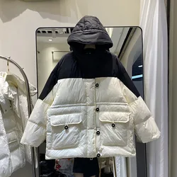 2023 New Patchwork Color Mid Length White Duck Down Coat Women Korean Hooded Loose Waist Wrapped Puffer Jacket Windproof Parkas