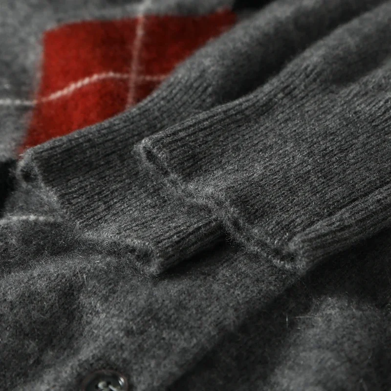 

New Women Pure Cashmere O-neck Cardigan Sweater Diamond Pattern Autumn Winter Long Sleeve 100% Cashmere Knit Color Blocked Top