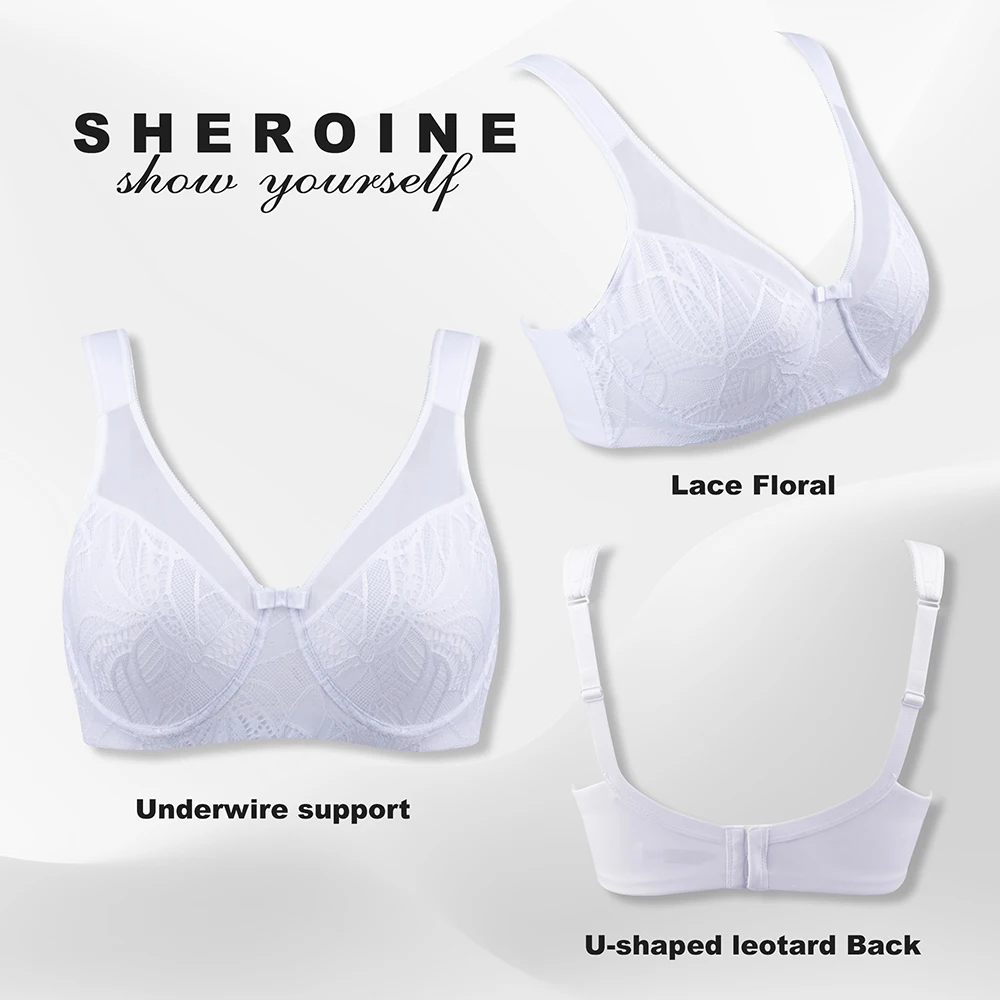 Sheroine Plus Size Underwire Bra, Lace Floral Minimizer Full Coverage Unpadded Bras for Women Lifting Support Comfort
