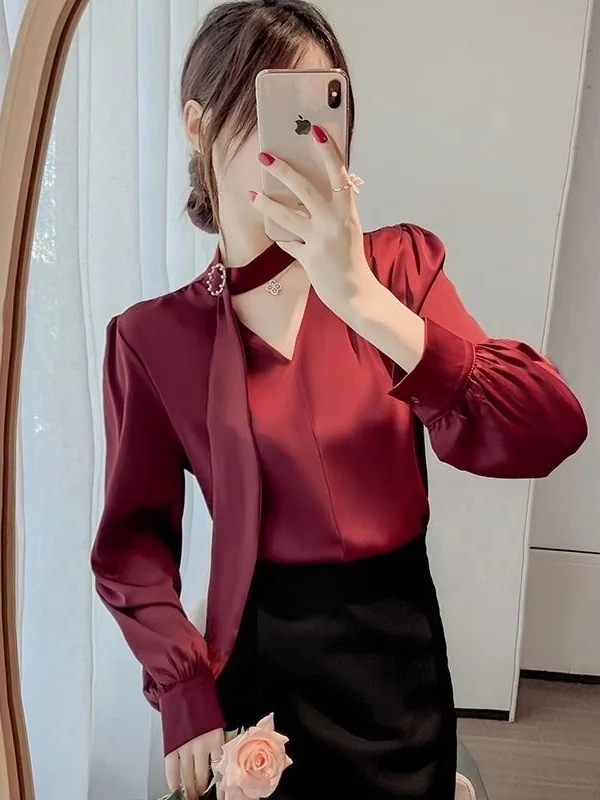 

Ele Long Sve Satin Chiffon irt V-Ne Commute Sle Women's Busin Top Cover Stoh High Quali Spring Autumn