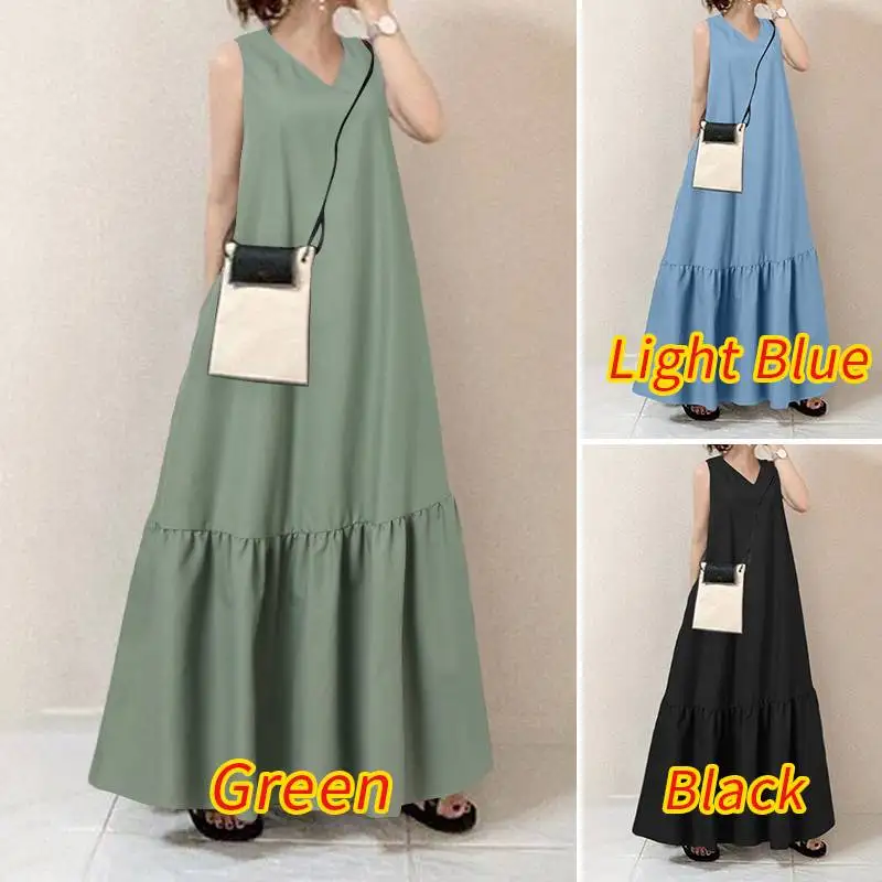 

Women's Summer Sundress Vintage Solid Ruffle Dress Casual V Neck Maxi Vestidos Female Sleeveless Pleated Robe