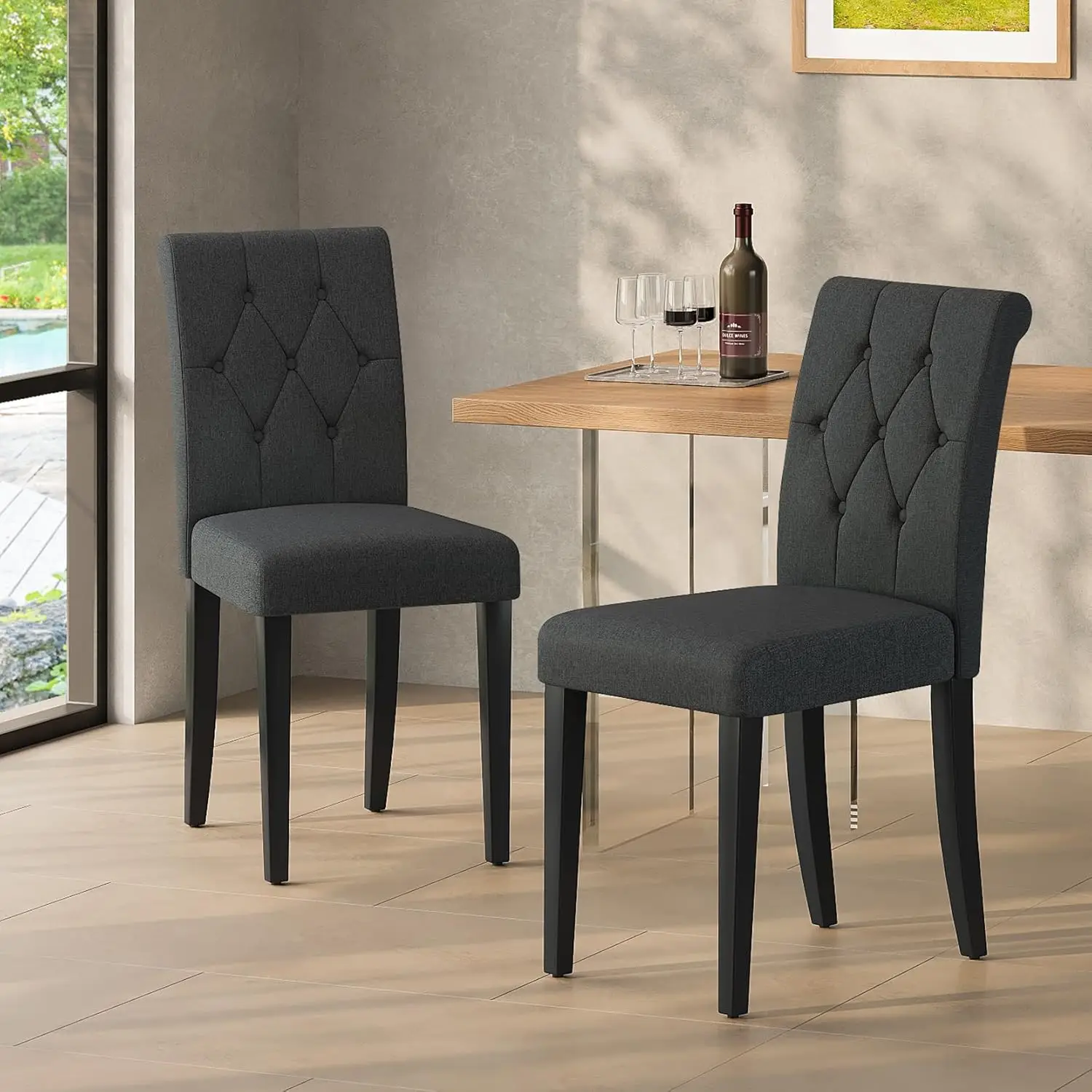 Dining Chairs Set of 2, Button Tufted Parsons Dining Chair with Solid Wood Legs, Modern Fabric Side Chair for Dining