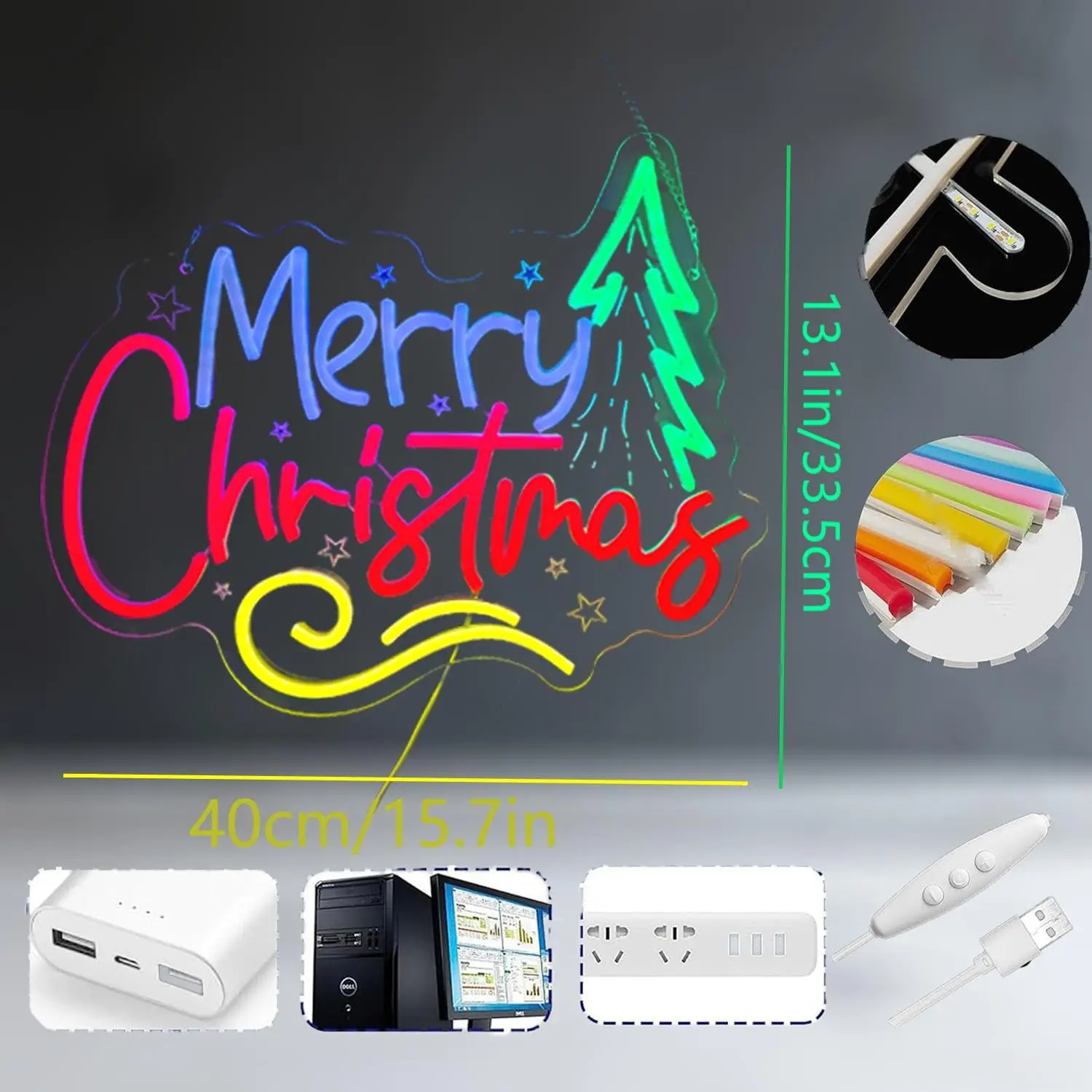 Insegna al neon a forma di albero di Natale verde con scritte LED alimentate tramite USB di buon Natale per decorazioni per la casa per feste di festa