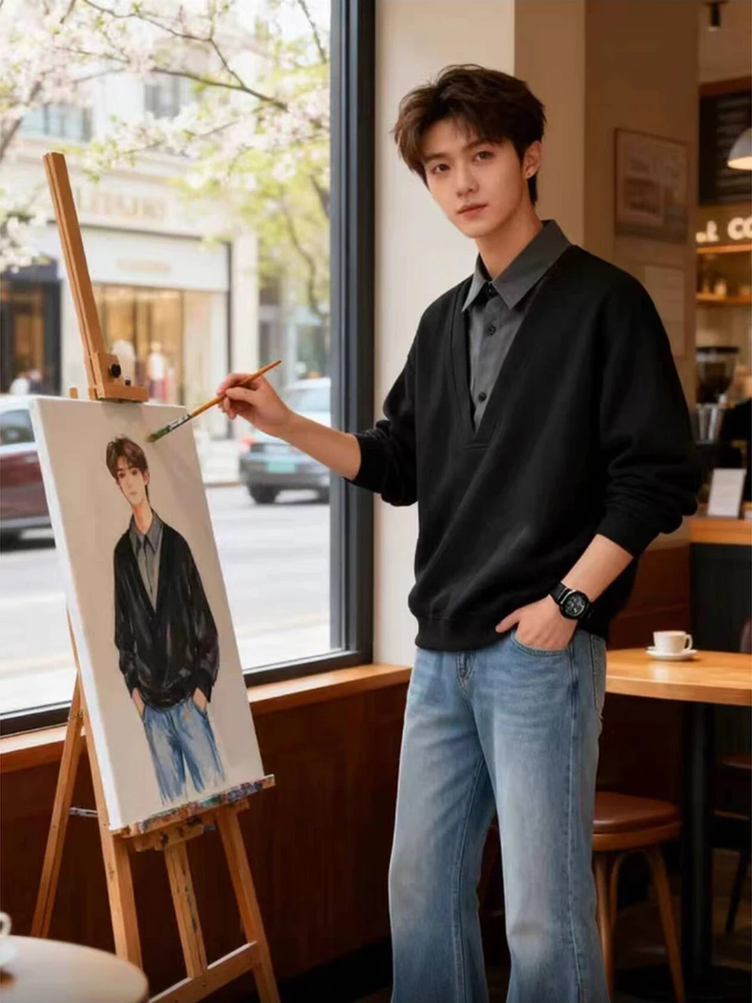 

Black Shirt Collar Sweatshirt Men's Spring High-End Long Sleeve T-Shirt Can Be Worn outside Or inside as a Base Shirt
