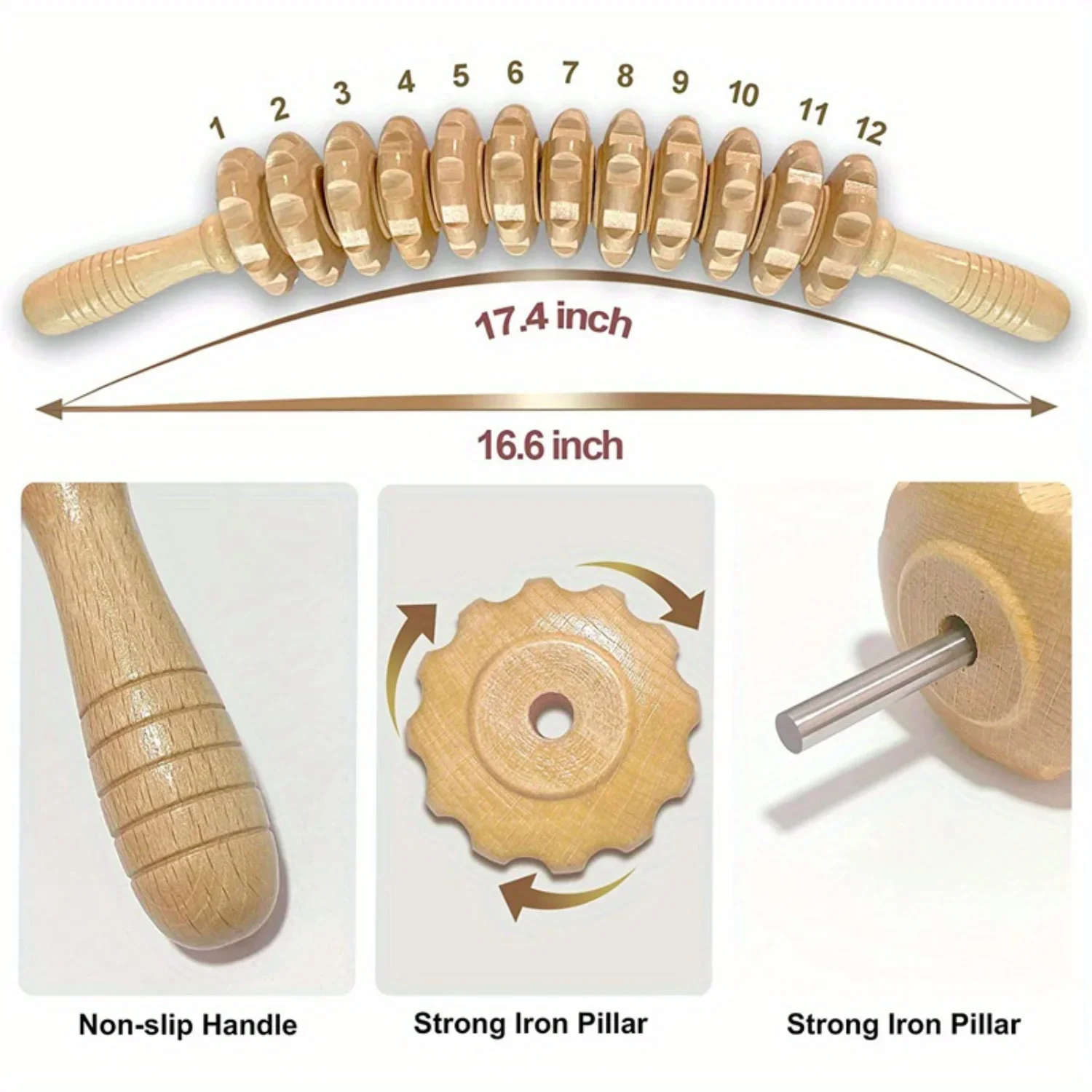 

Handheld Wooden Curved Massager with 12 Rollers for Trigger Point Massage - Manual Body Muscle Relief