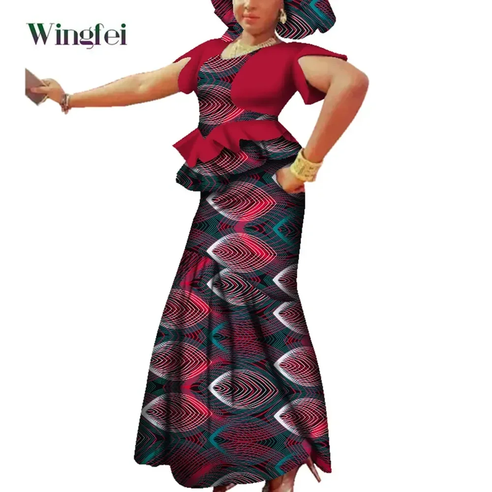 African Skirt and Top Set with Headwrap Ankara Fashion African Clothes for Women Dashiki Party Wedding Evening Clothing WY3699