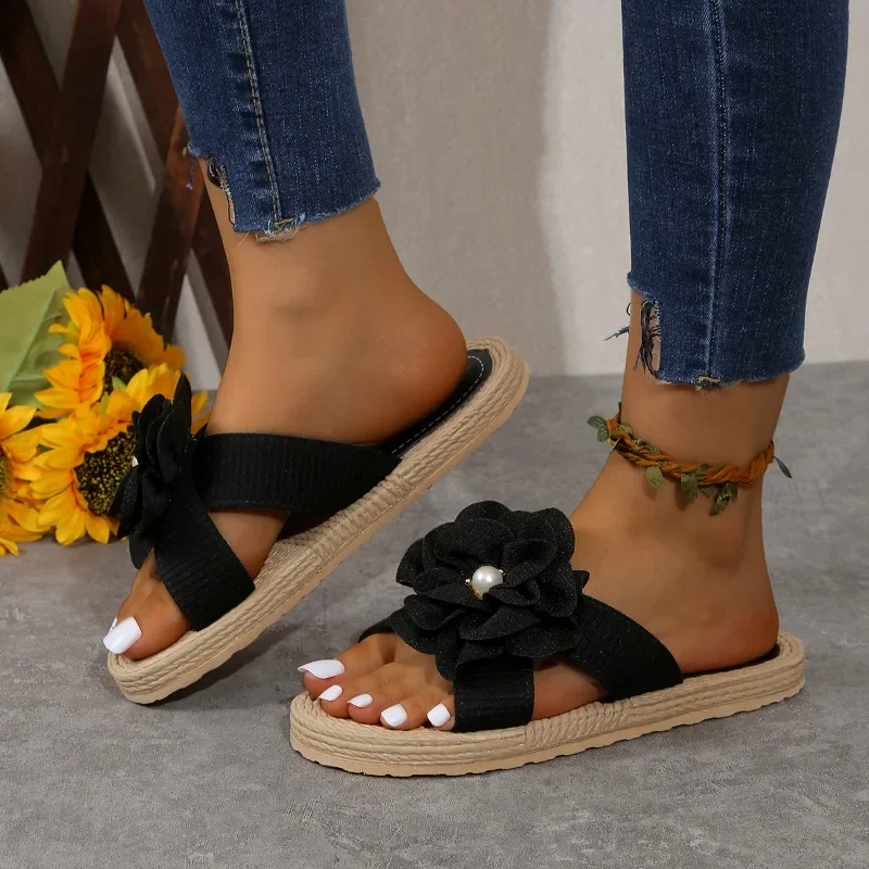 2024 Summer New Bow Women Slippers Flat Weave Beach Casual Shoes for Women  Open Toed  Flip Flops