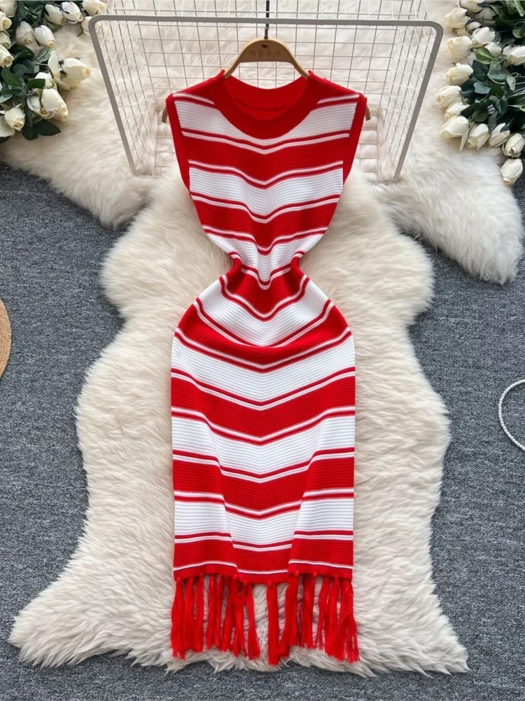 

Striped Knitted Vest Dress High-end Sleeveless Color Blocked Dress Women Summer Slim Fit Slimming Hip Hugging Tassel Long Dress