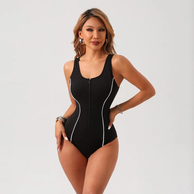 One-piece Zipper Conservative Bikini Swimsuit Covers The Belly and Makes You Look Thin and Tight with High Elasticity