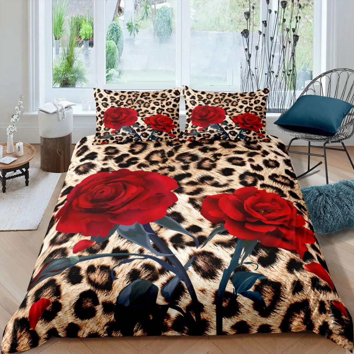 

Red Rose Duvet Cover Set For Kids Girls Polyester Leopard Print Comforter Cover Queen Red Floral Petal Pattern Twin Bedding Set