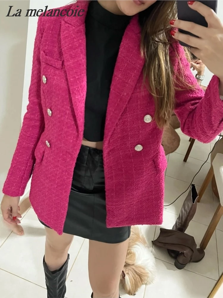 2024 New Autumn Winter FashionTweed Double Breasted Blazer Coats Women Elegant Chic Pockets Jacket Office Ladies Vintage Suits