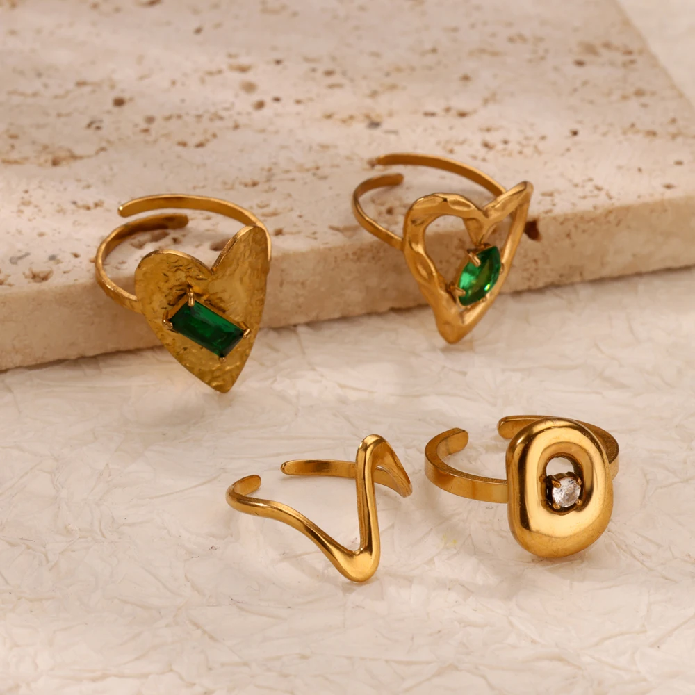 Green Heart Square Zircon Open Rings For Women 2024 Trend Gold Color Stainless Steel Ring Wedding Jewelry Christmas Gifts