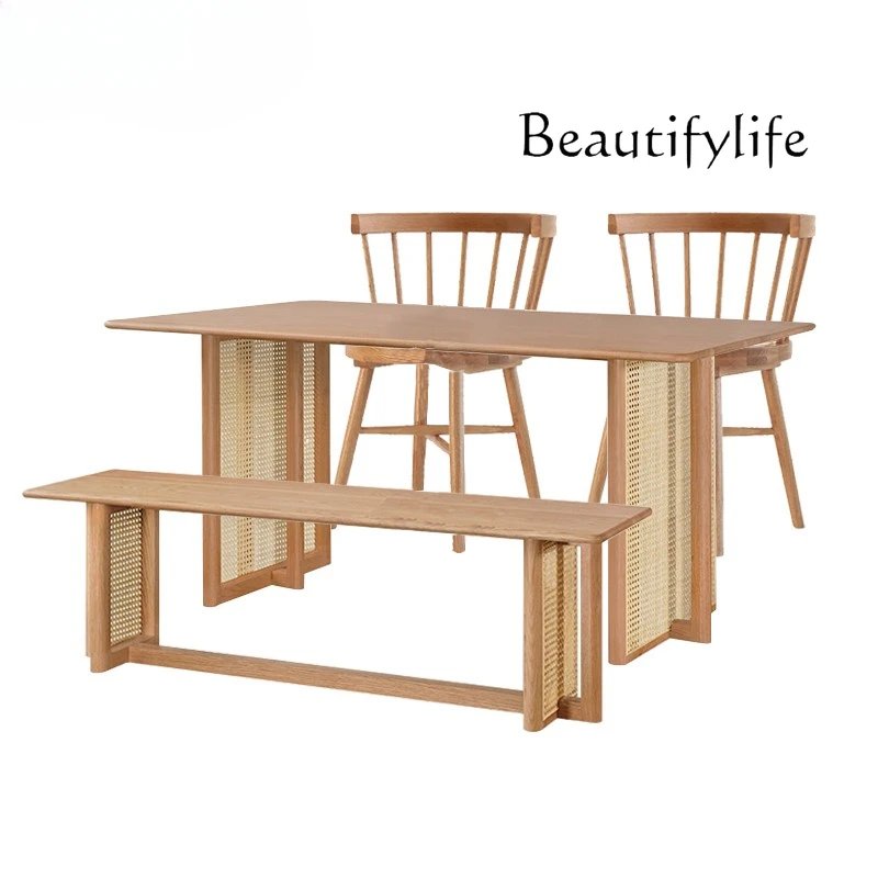 Nordic medieval rattan dining table household simple small apartment rectangular solid wood dining table