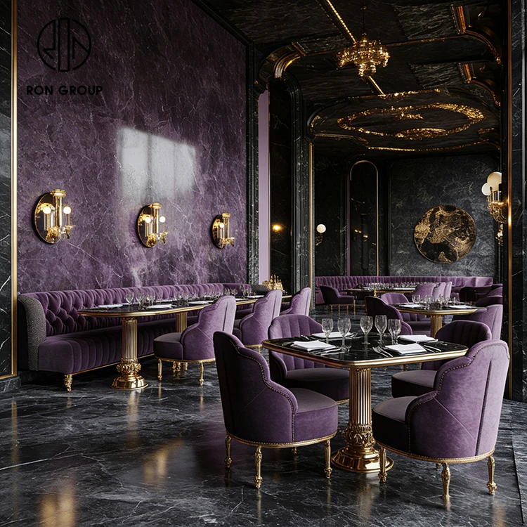 Ron Group Hotel Restaurant Furniture Set Tufted Velvet Booth Seating Square Marble Customized High Back Chair And Table