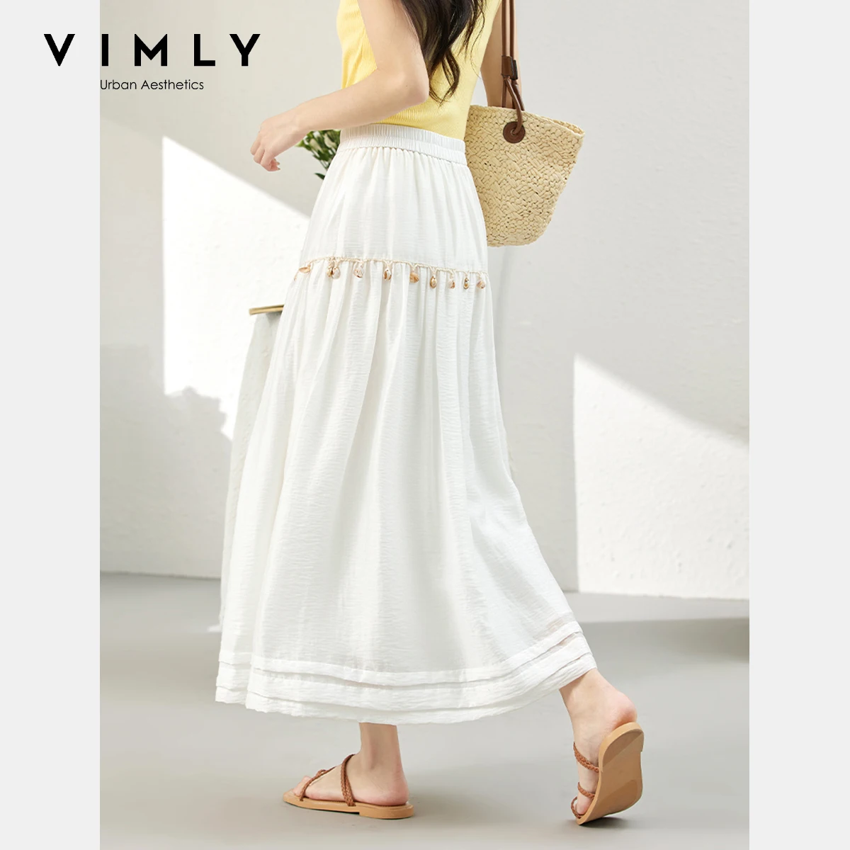 VIMLY Midi Skirts Women's Summer Bohemian 2025 Summer Bohemian Shell Woven White Loose Casual Bud Skirt Woman Clothing A1893