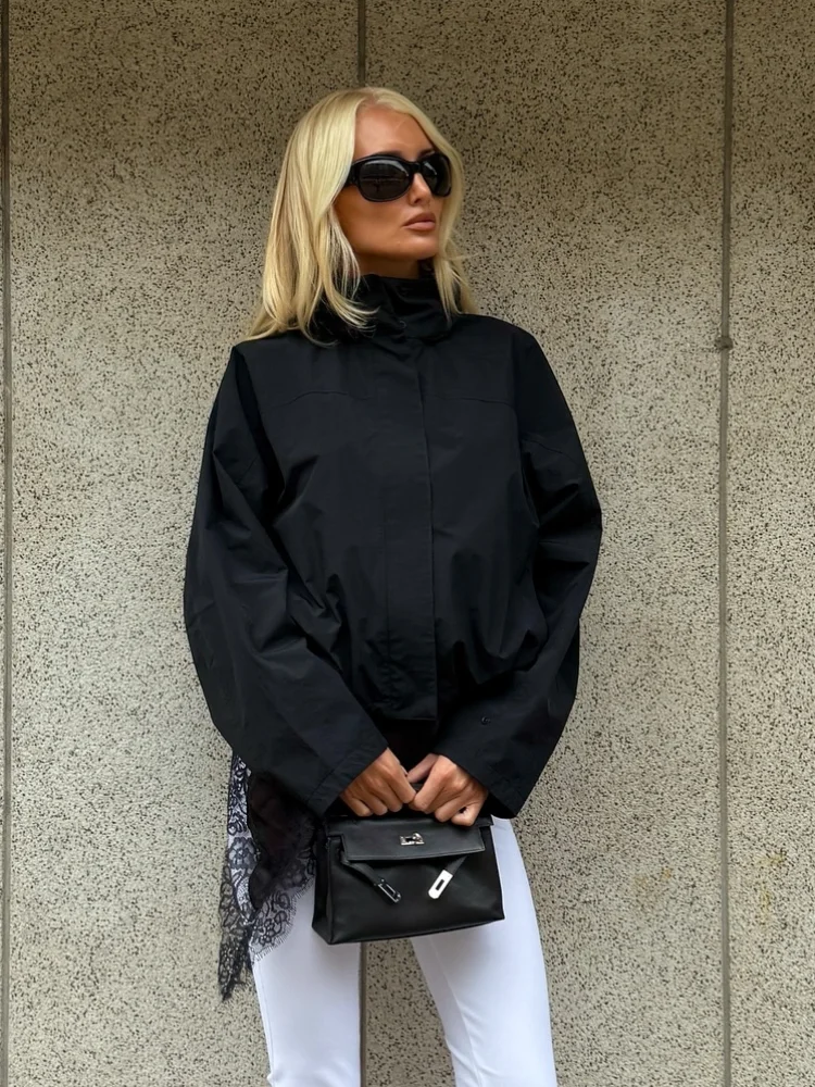 

Cropped Bomber Jacket Thin Coat Women Loose Fit Stand Collar Solid Women's Top Autumn Outerwear Casual Daily Streetwear