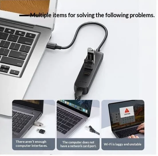 UGREEN 20984 CM416 USB 2.0 Hub with 3 USB Ports 100Mbps Ethernet RJ45 USB-C Auxiliary Power Input Black