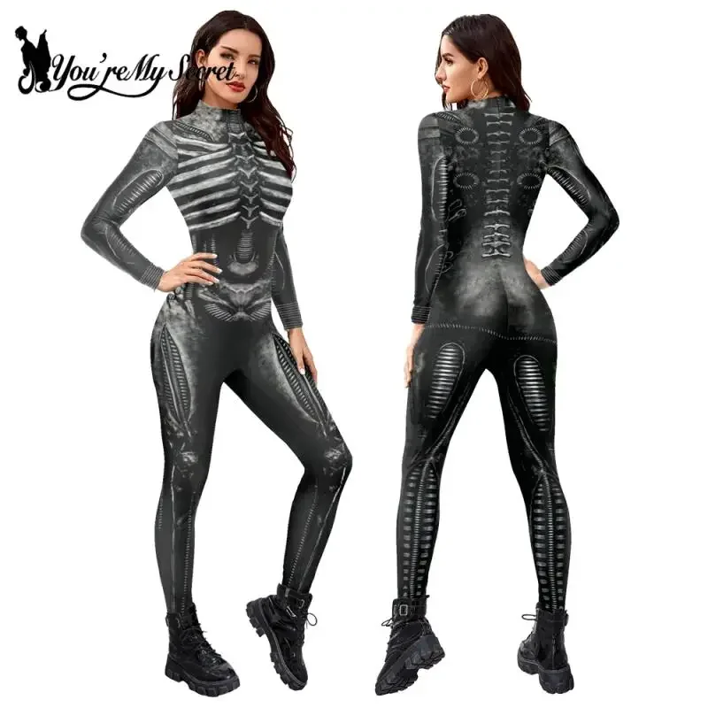 [You're My Secret] Halloween Skeleton Costume Bodysuit 3D Stretch Skinny Jumpsuit Womens Rompers Party Zentai Outfit Catsuit