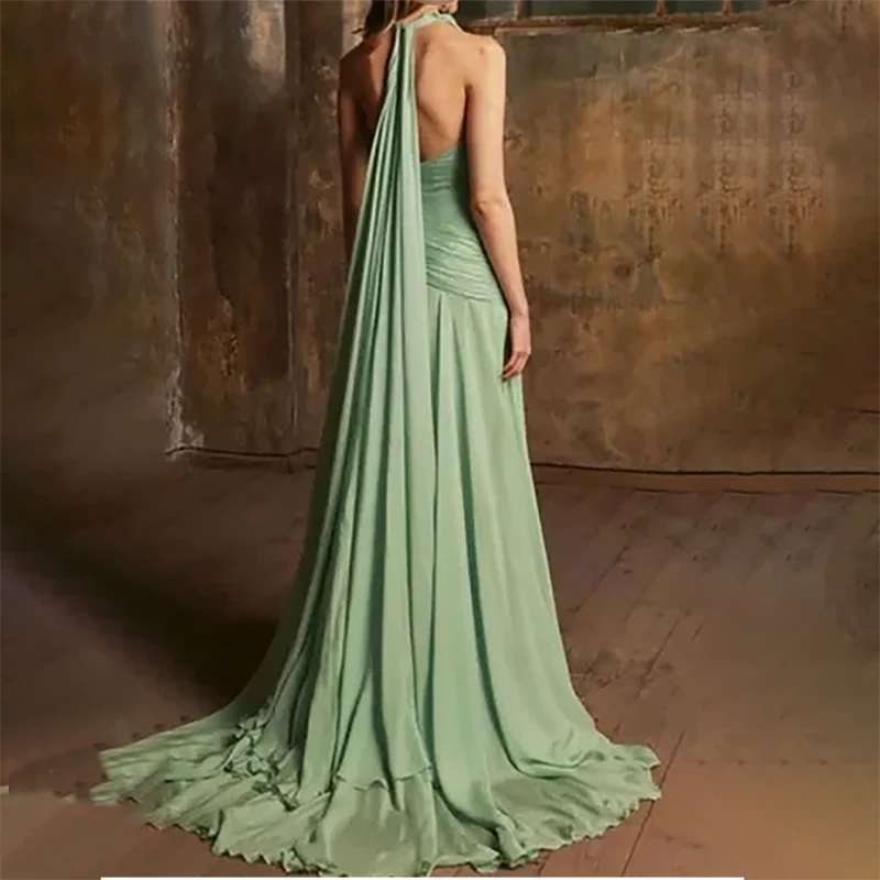 Sexy Light Green V-neck Halter Chiffon Party Evening Dresses Split A-line Pleated Backless Party Gown Occasionn Customized