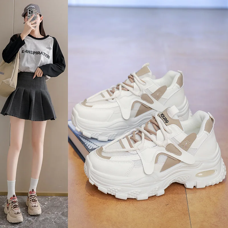2026 Women's Spring Old Man Shoes for Students, Thick Bottom, Fitness Running, Heightening, Casual Street Style