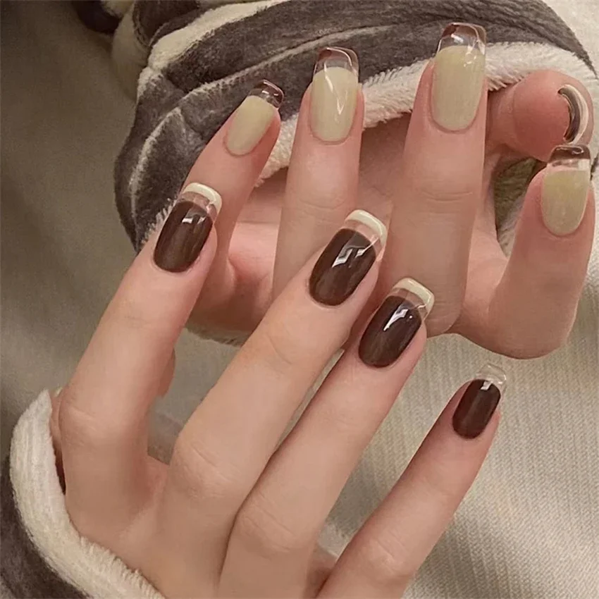 24Pcs/Set Pure Desire Press on Nail Full Cover Wearing False Nails Dark Light Brown Mandarin Ducks Matching Colour Fake Nails