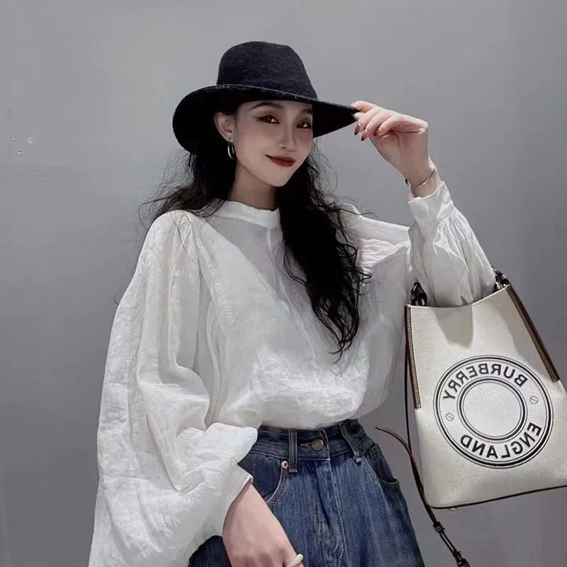 Fashion Stand Collar Solid Color Lantern Sleeve Blouses Women\'s Clothing 2024 Spring Summer New Loose Casual Tops KoreanShirts