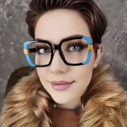 Fashion Brand Design Square Splicing Color Women Frame Photochromic Anti Blue Ray Prescription Femal Customized Reading Glasses