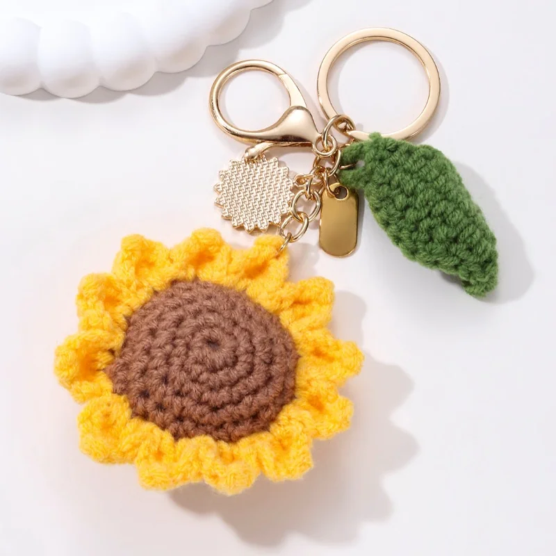 Big Sunflower Leaf Knitted yarn Thank you Enamel Keychain Plant Flower Key Ring For Women Teacher Gift Handmade Jewelry Set