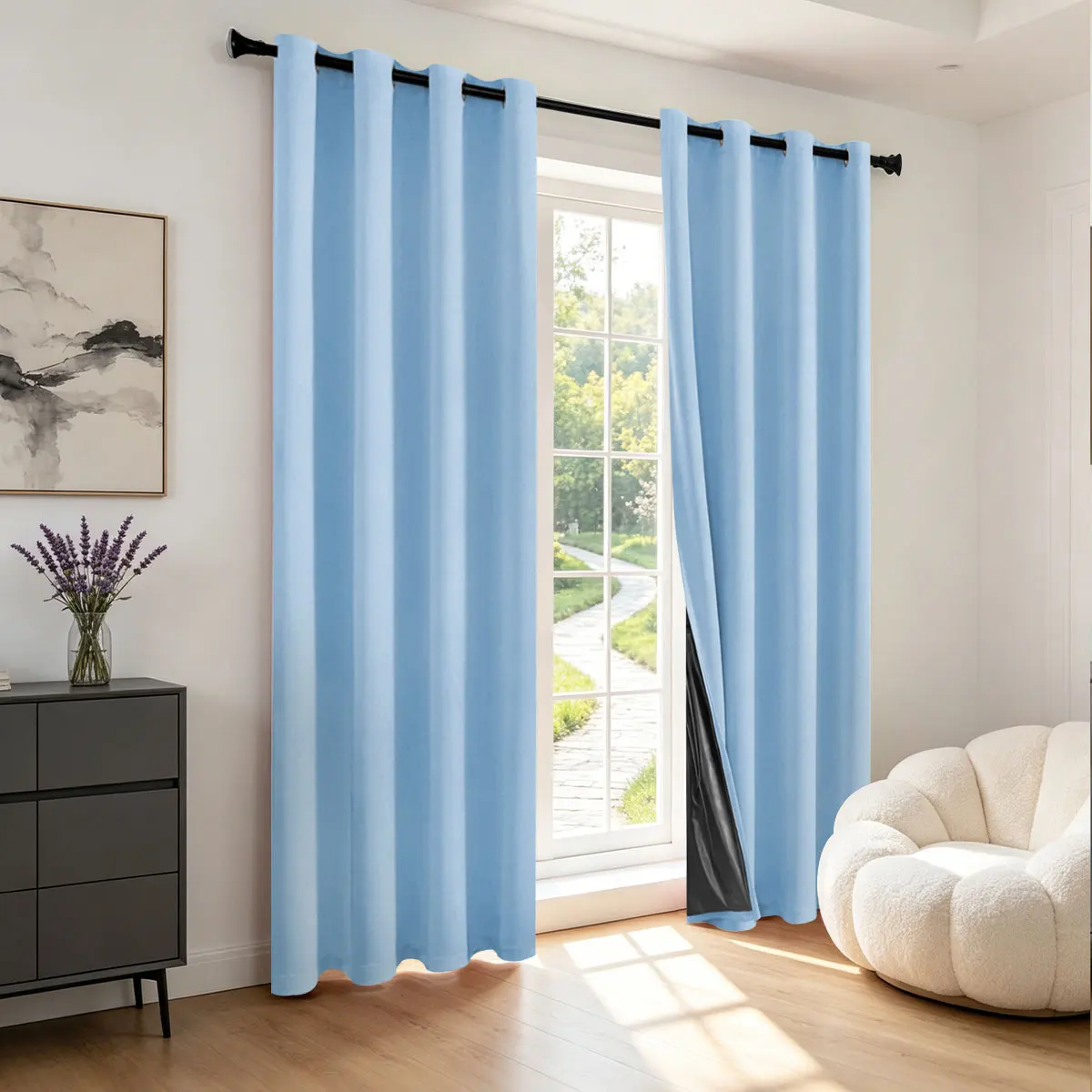 2pcs Light Lake Blue 100% Light Blocking Grommet Curtain Panels, Refreshing Japanese Minimalist Style, UV Protection Weighted H