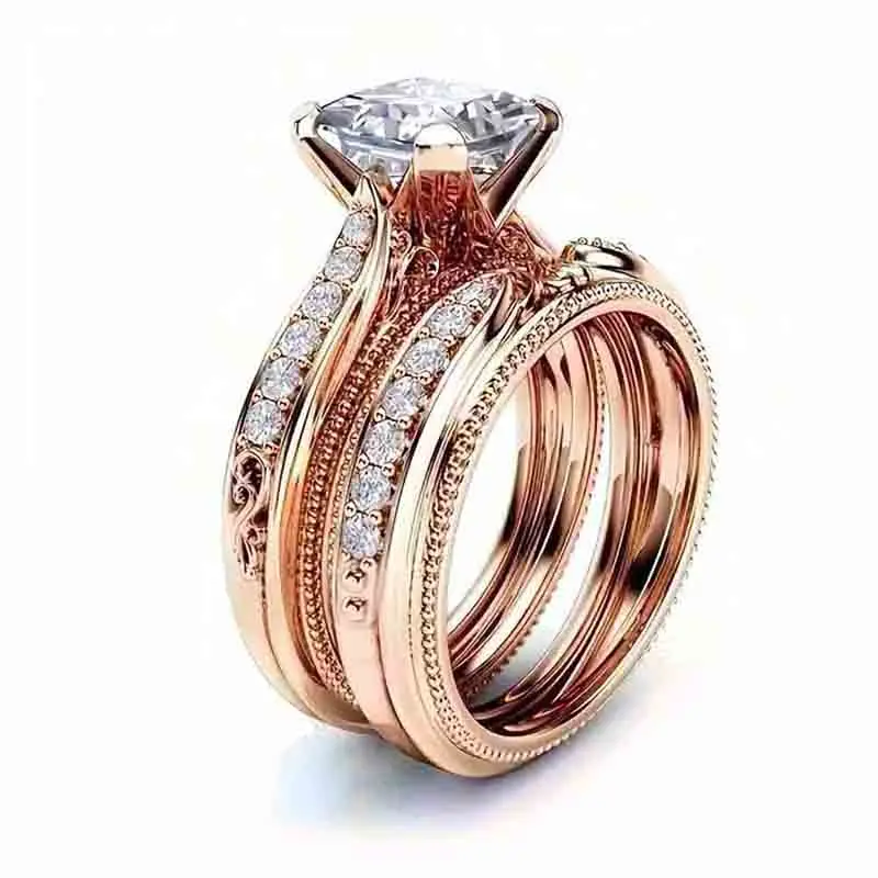 Huitan Noble Women Set Rings Rose Gold Color Temperament Elegant Lady Accessories Wedding Anniversary Party Luxury CZ Jewelry