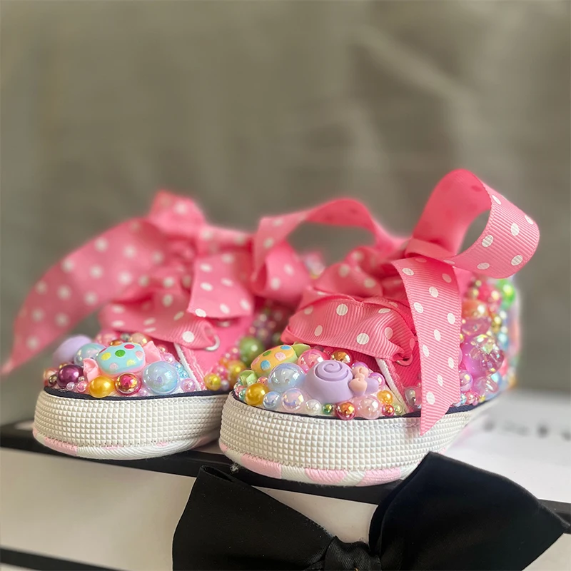 Random Lollipop Candy First Walking Canvas Baby Infant Shoes Soft Sole Sneakers For Girl Birthday Party Handmade Bling Shoes