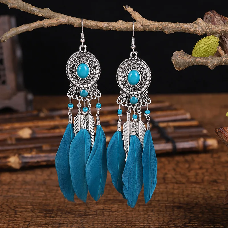 Böhmische lange Feder-Ohrringe für Frauen, klassische ethnische Retro-Temperament-Kette, Blatt-Perlen-Quasten-Ohrringe, Boho-Hochzeitsschmuck – Detail 6