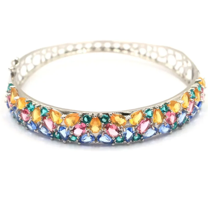 

18g 925 Solid Sterling Silver Bangle Bracelet Customized Multi Color Violet Tanzanite Rich Blue Aquamarine Golden Citrine 7.5in