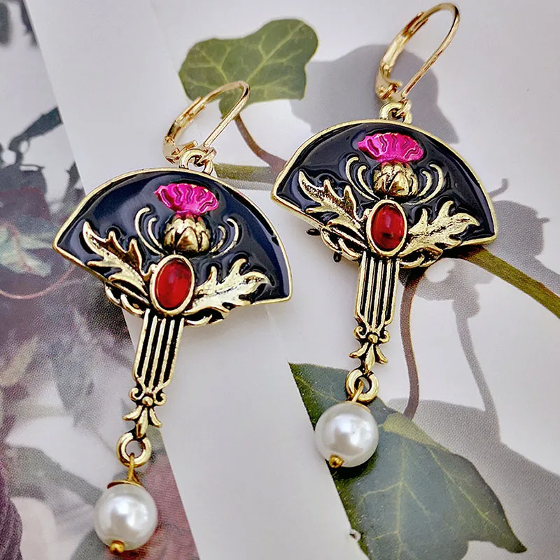 New Creative Thistle Flower Drop Earrings Women Ethnic Black Enamel Fan Shaped Red Stone Pearl Statement Earrings Jewelry