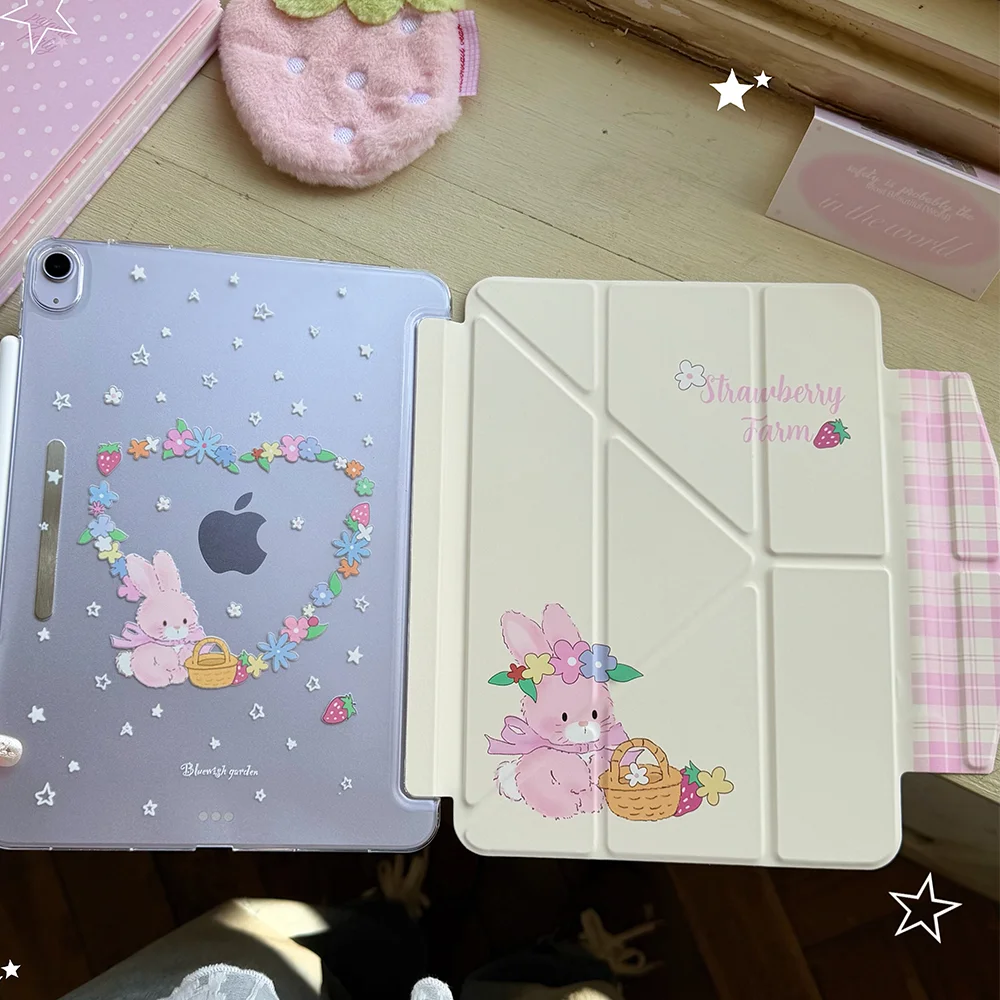 

Ins Rabbit Strawberry Garden Y2K Y-Fold Cover For iPad Pro 13 11th M5 M4 12.9 A16 10 8 7 9th 10th Air 11 M2 M3 Mini Tablet Case