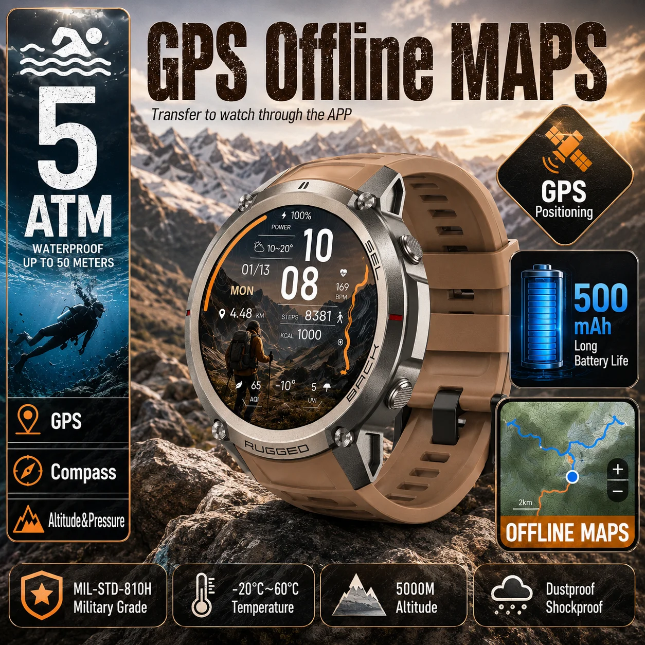 

LIGE Military GPS Offline Maps Smart Watch Outdoor Sports Compass Men's Bracelet 500mAh Large Battery 5ATM Waterproof Smartwatch