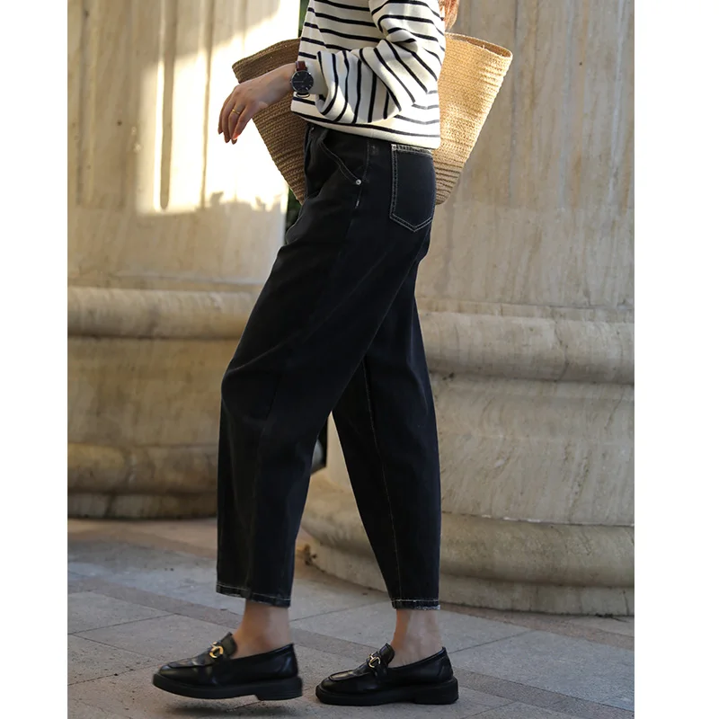 

Джинсы женские свободного кроя в стиле «харлем», повседневные, из денима, с высокой талией, длинные, темного цвета, осенний сезон, модный дизайн