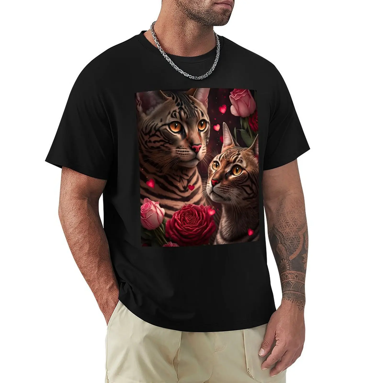 Valentines Bengal Cats with hearts and roses 3 T-Shirt t shirts for man cotton soft T-Shirt
