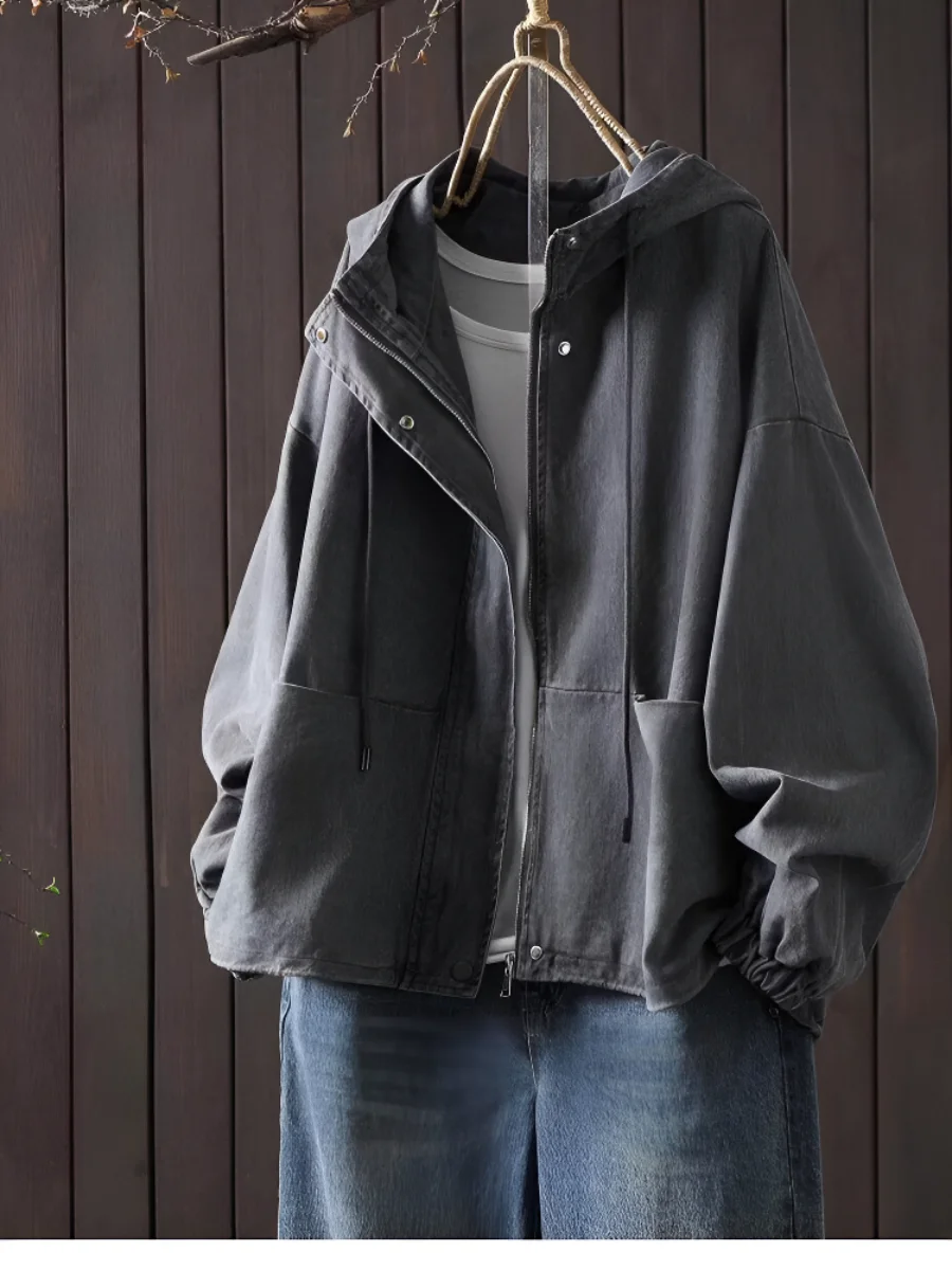Retro Washed Loose Women's Jacket Design Spring 2026 New Style Cotton Short Coat with Hat Simple Straight Cut Pure Color