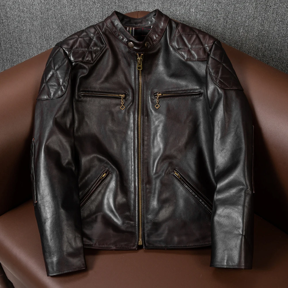 New Top-Layer Horseskin Leather Jacket Men's Motorcycle Suit Short Section Slim-Fit Stand-up Collar Spring And Autumn Coat Tide